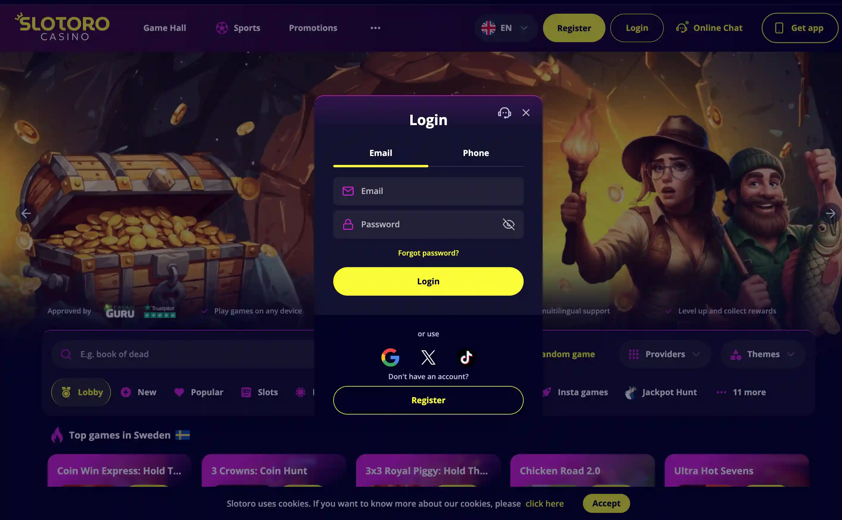 Slotoro Casino Latvija pieslēgšanās lapa